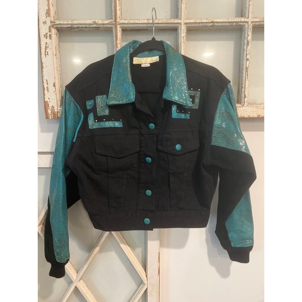 Vintage Tamorah Marie size small black denim jacket with teal metallic accents